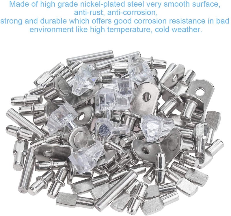 DYWISHKEY 5 Styles Shelf Pins Kit, Nickel Plated Shelf Bracket Pegs Cabinet Furniture Shelf Pins Support for Shelf Holes on Cabinets, Bookshelf, Garden Shelf, Table and Chair Corner, 100PCS - Image 2